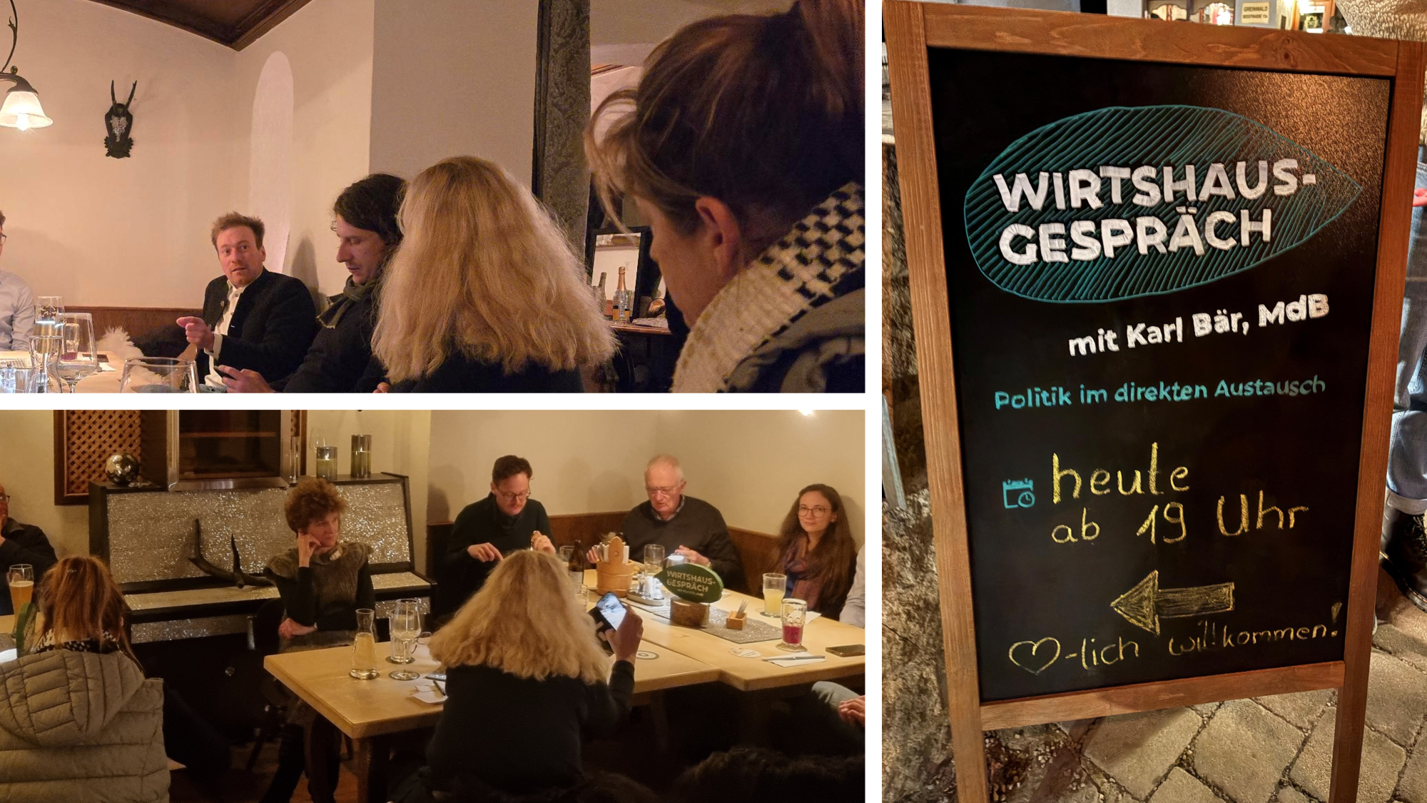 Karl Bär spricht im Wirtshaus mit Bürgerinnen und Bürgern.